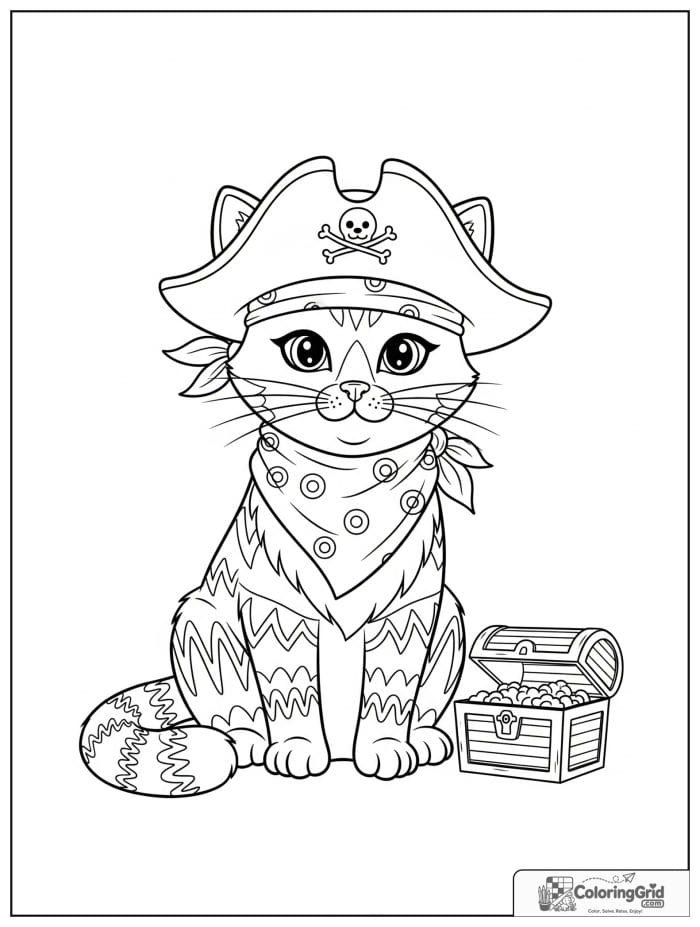 Pirate cat wearing a hat beside a treasure chest.