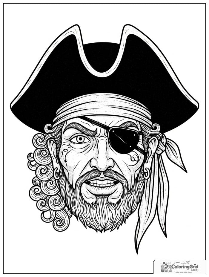 Close-up of a pirate face with a hat and eye patch.