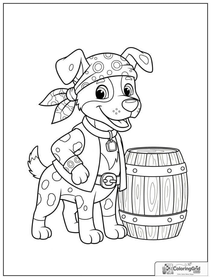 Pirate dog wearing a bandana beside a barrel.