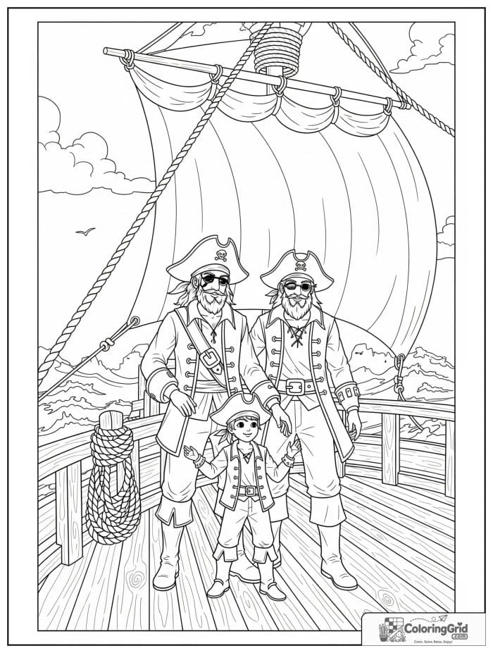Pirate family standing together on a ship deck.