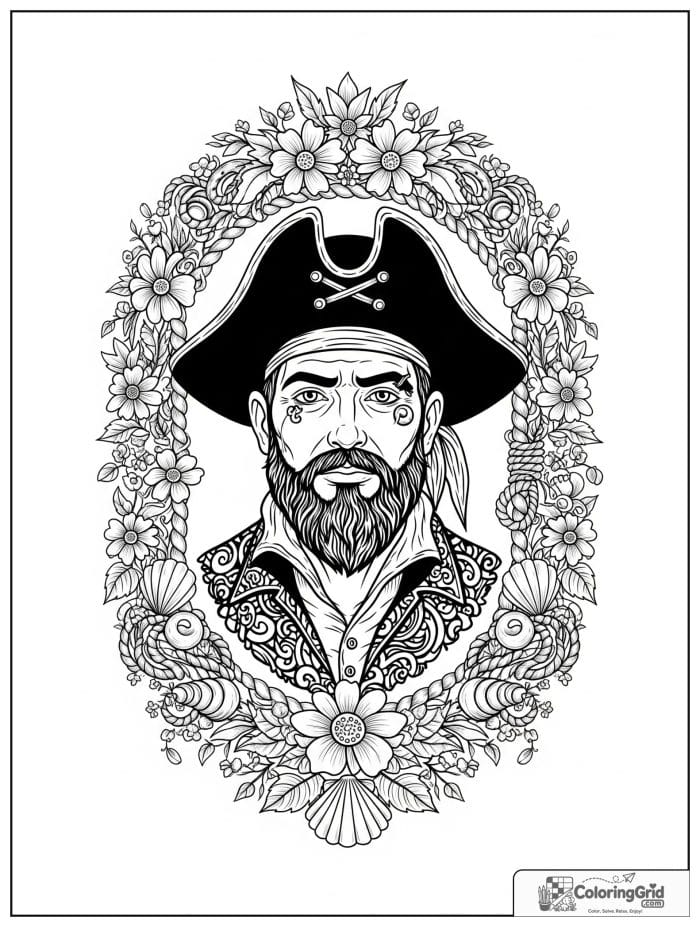 Pirate portrait inside a decorative floral and shell border.