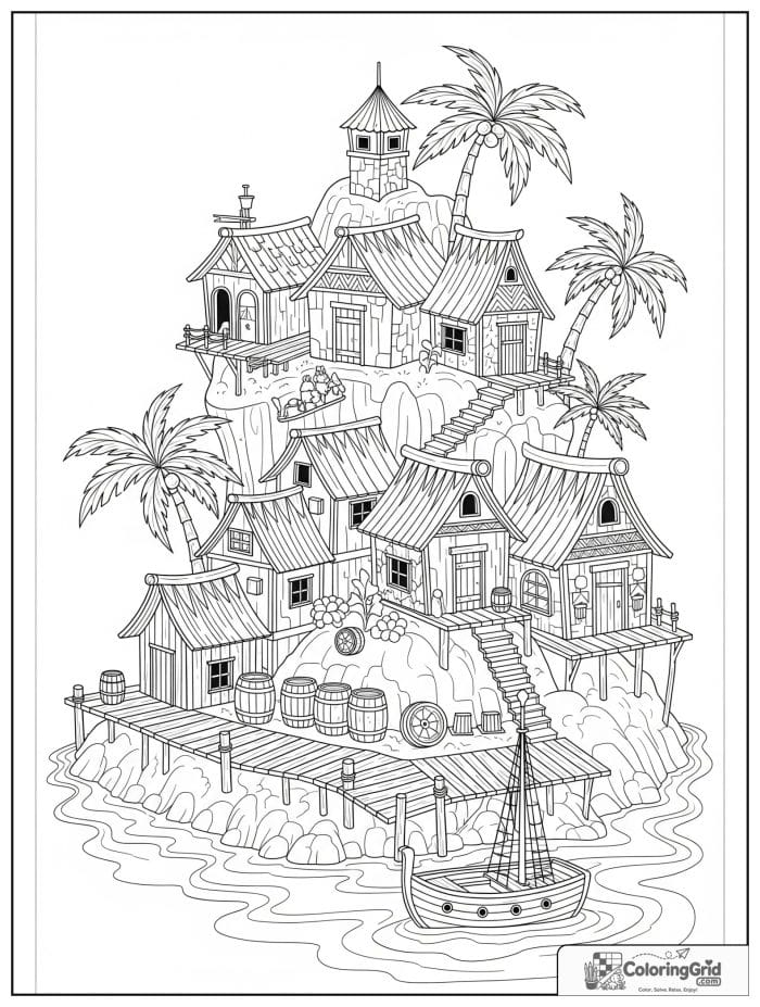 Pirate island village with huts and a dock.