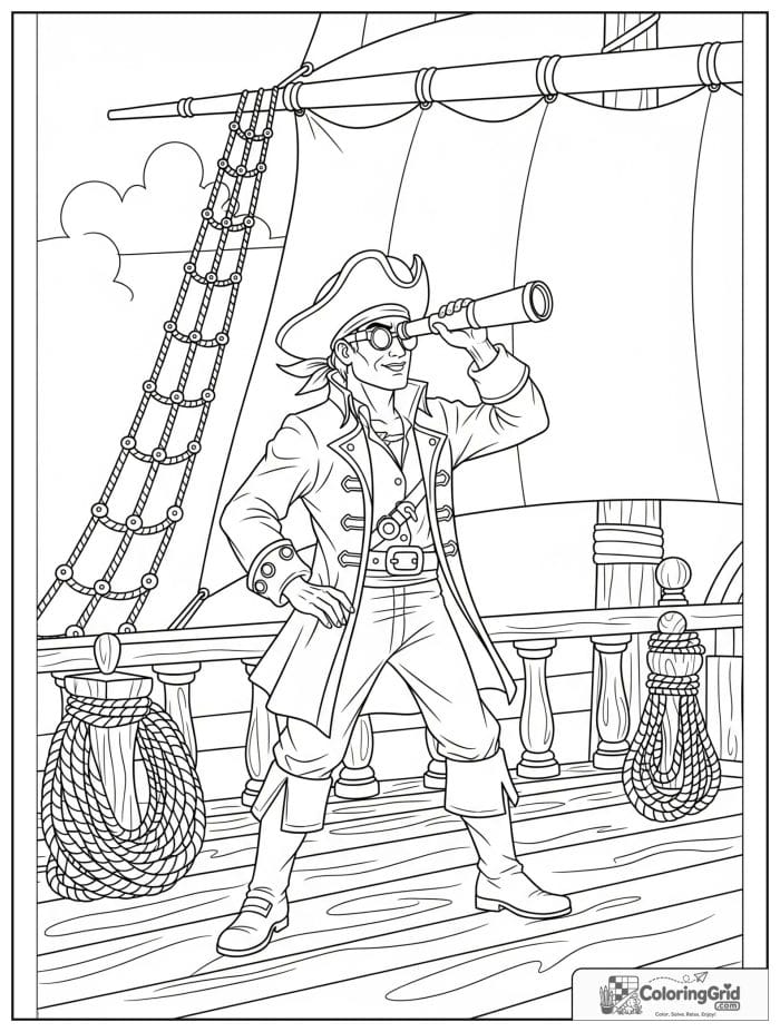 Pirate on deck looking through a spyglass.