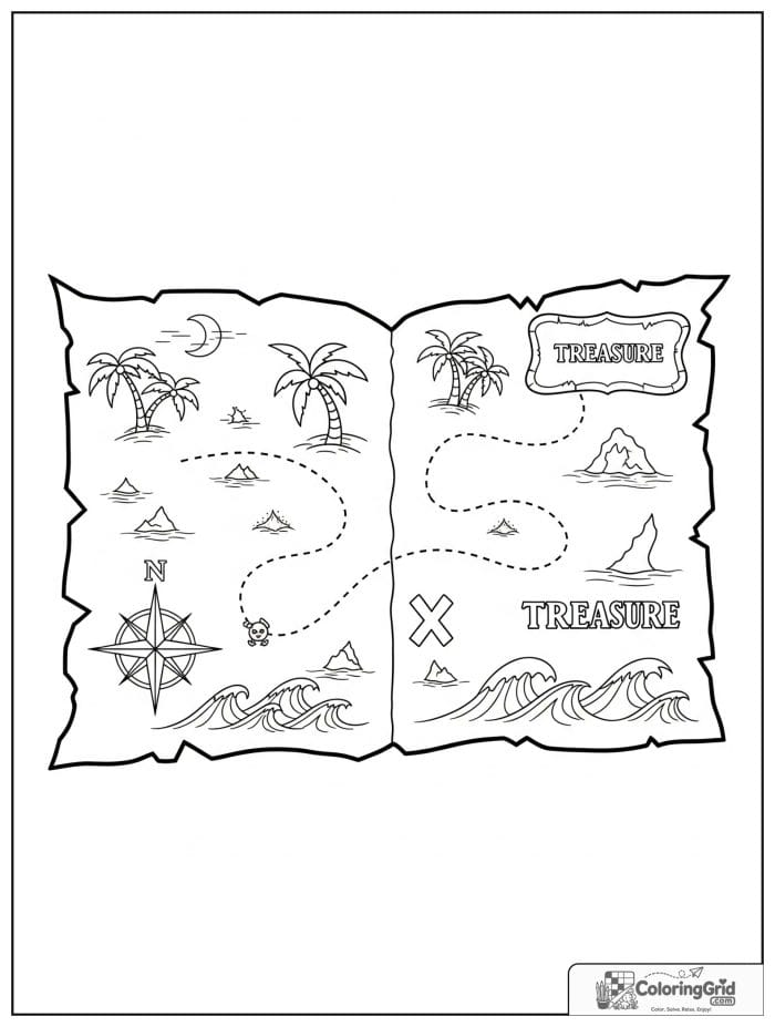 Pirate treasure map with a dotted path and an X mark.