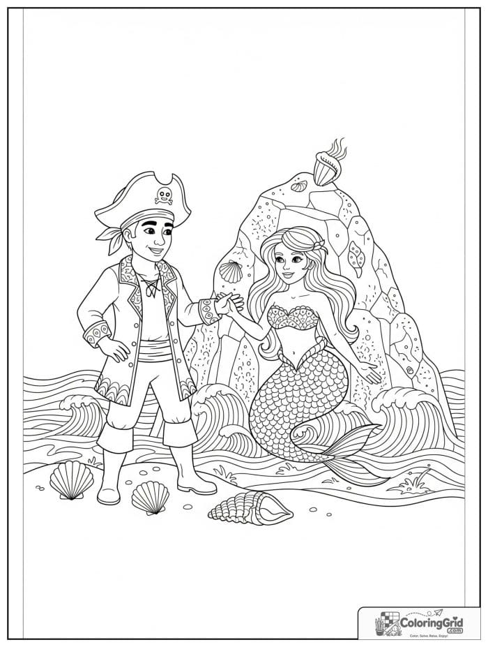 Pirate greeting a friendly mermaid by the sea.