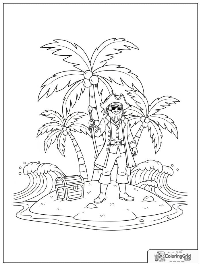 Pirate standing on a tropical island with palm trees.