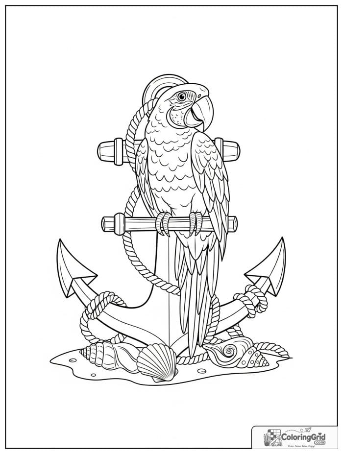 Pirate parrot perched on a large anchor.