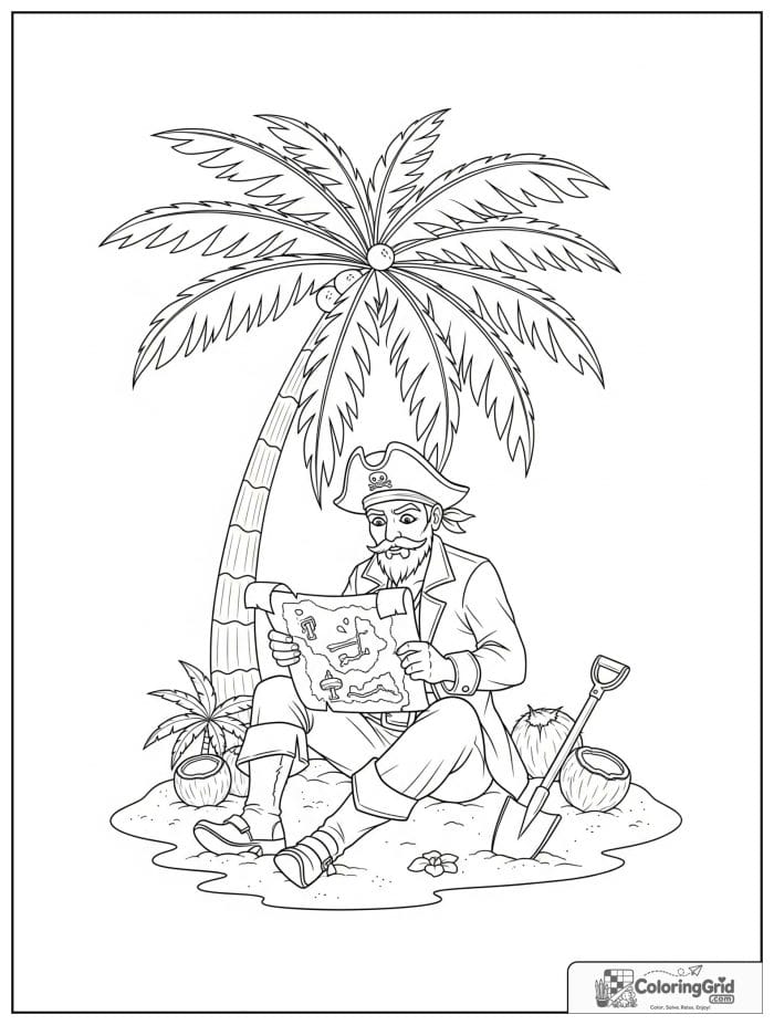 Pirate reading a treasure map under a palm tree.