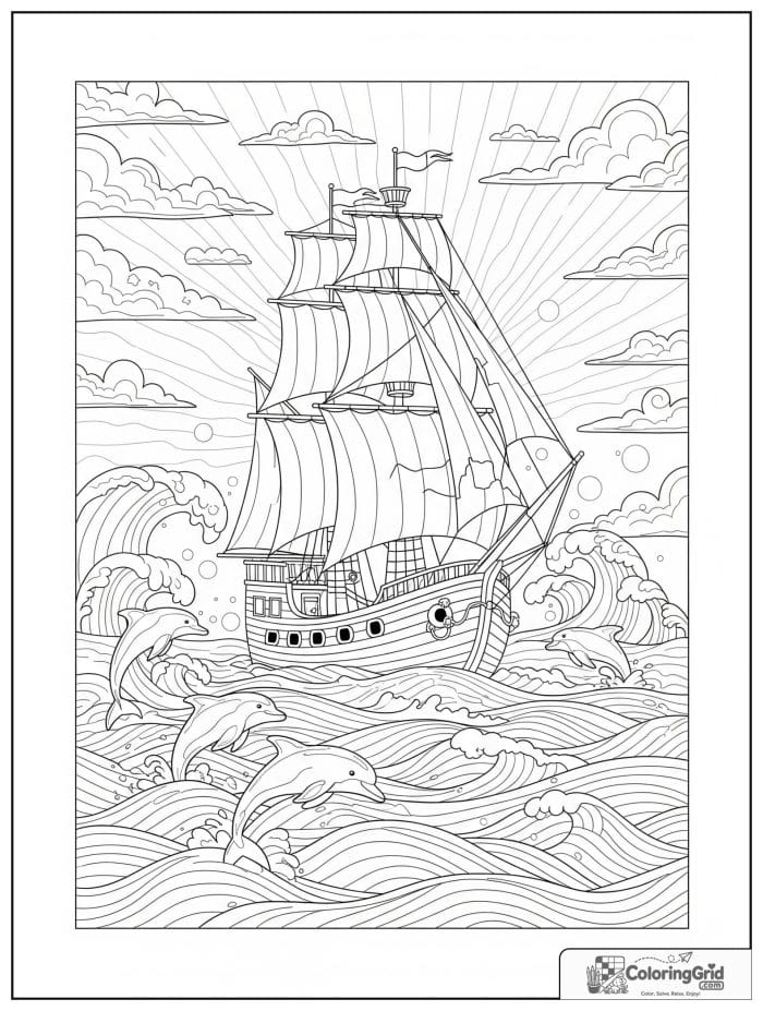 Pirate ship sailing with dolphins leaping nearby.