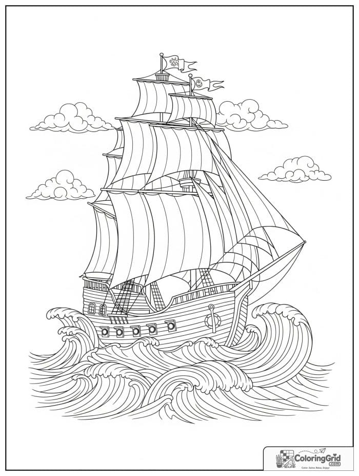 Pirate ship sailing on ocean waves.
