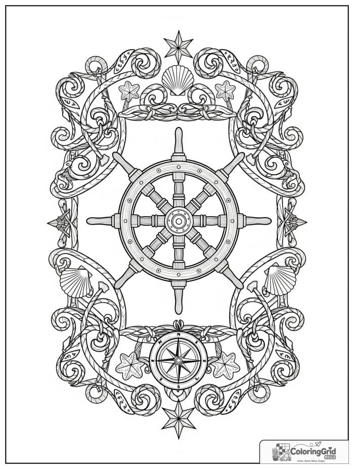 Pirate ship wheel inside a decorative nautical frame.