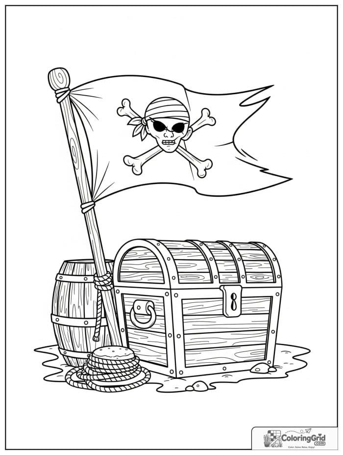 Pirate flag on a pole beside a treasure chest.