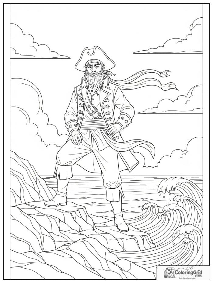 Pirate standing on a rock by the sea.