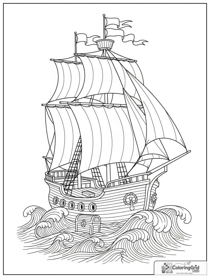 Boat coloring page featuring an adventurous pirate-style boat at sea.