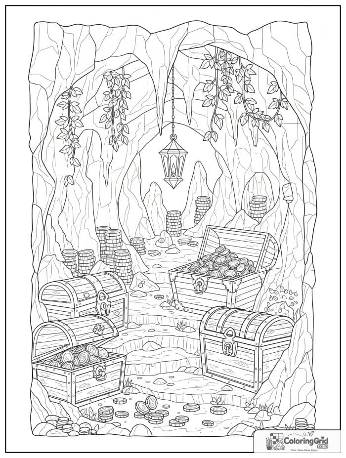 Pirate treasure cave filled with chests and coins.