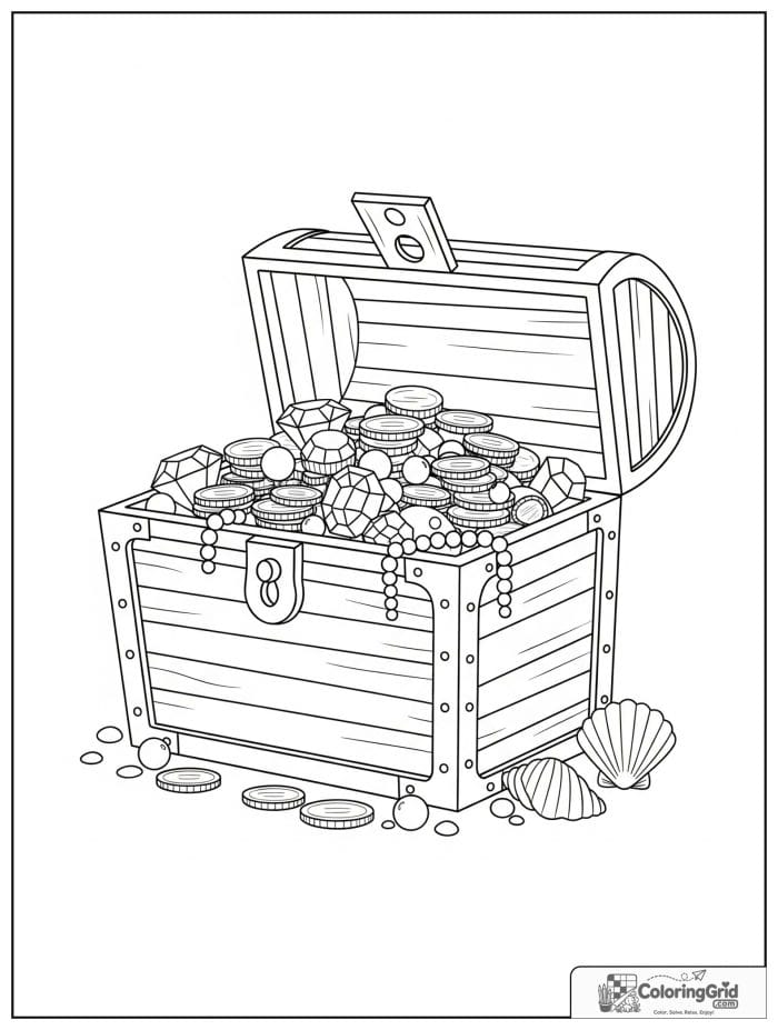 Open pirate treasure chest filled with coins and gems.