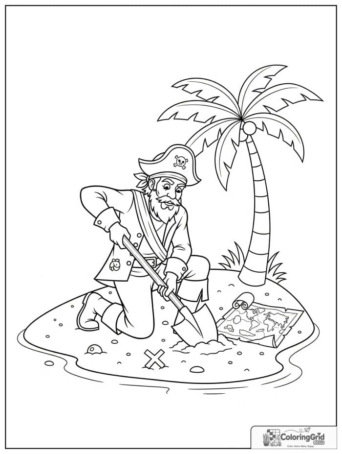 Pirate digging for treasure on a sandy island.