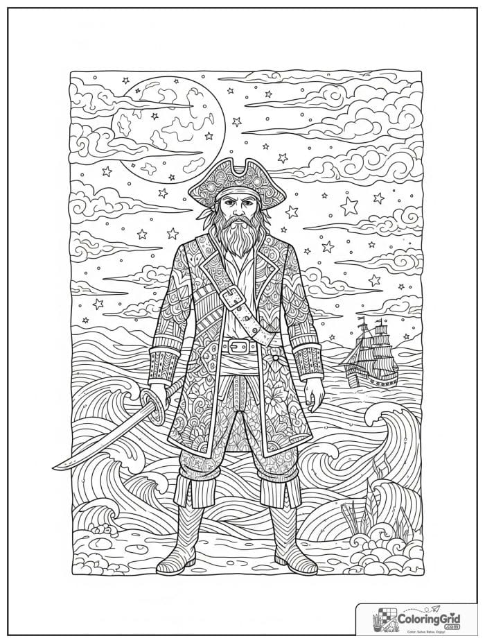 Pirate standing under a night sky with a moon and stars.