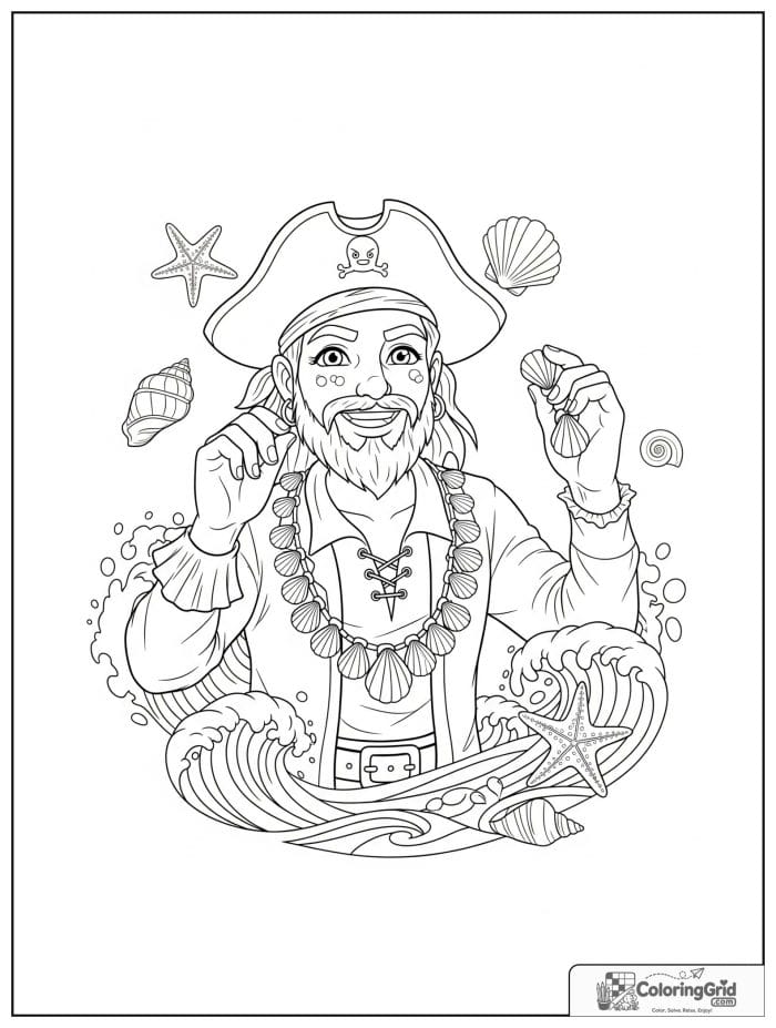 Pirate holding a shell necklace by the sea.