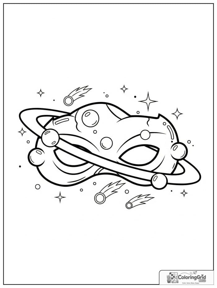Cute cosmic superhero mask with planet and comet details.