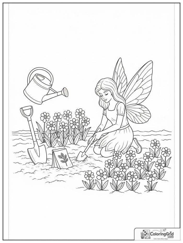 Fairy coloring page featuring a fairy planting flowers.