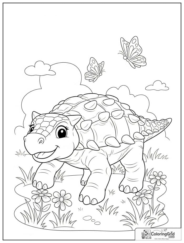 Ankylosaurus coloring page featuring a playful ankylosaurus with butterflies.