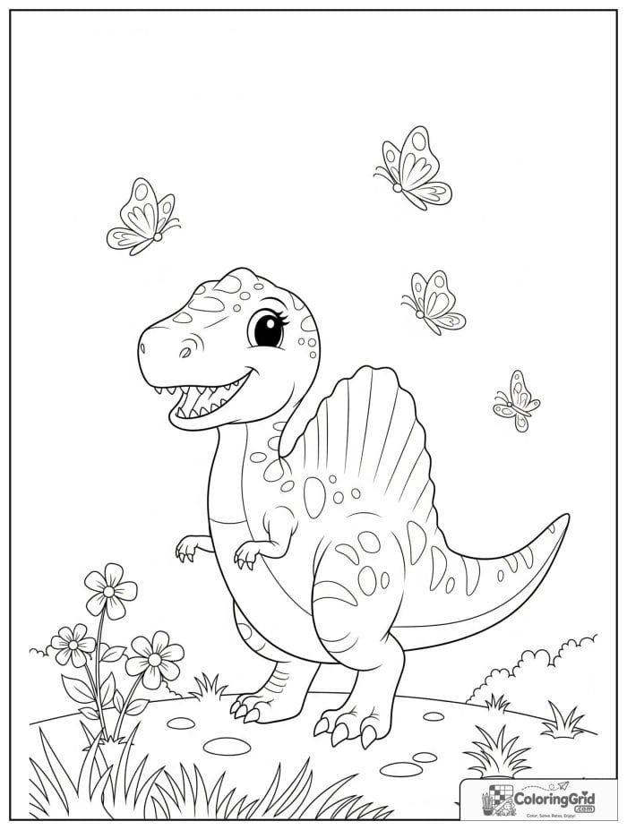 Playful spinosaurus looking at butterflies among flowers.