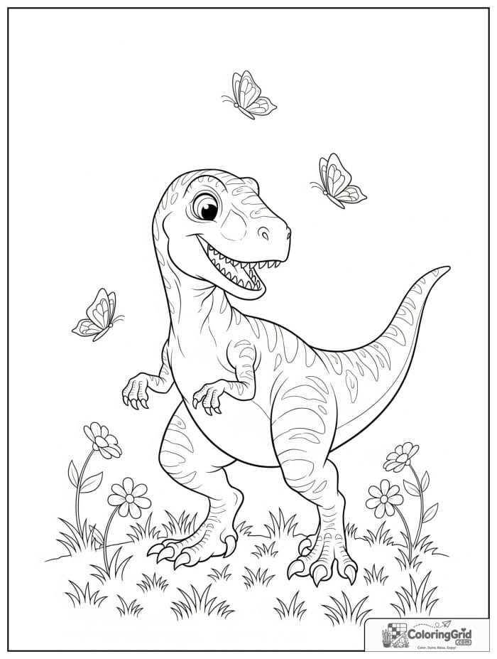 Velociraptor coloring page featuring a playful velociraptor with butterflies.