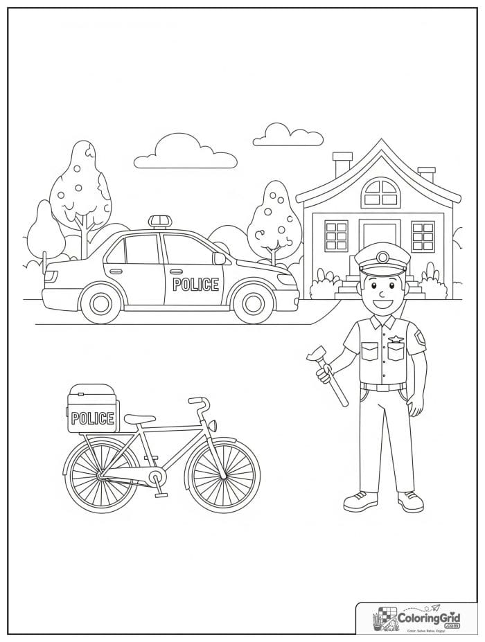 Police car and bicycle officer black and white artwork