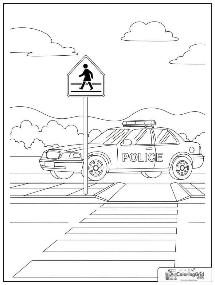 Police car near school crossing black and white illustration