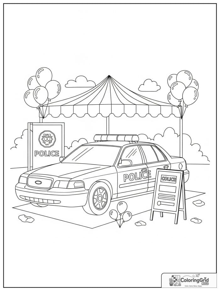 Police car at community fair black and white illustration
