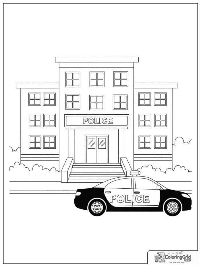 Police car parked at station black and white line art