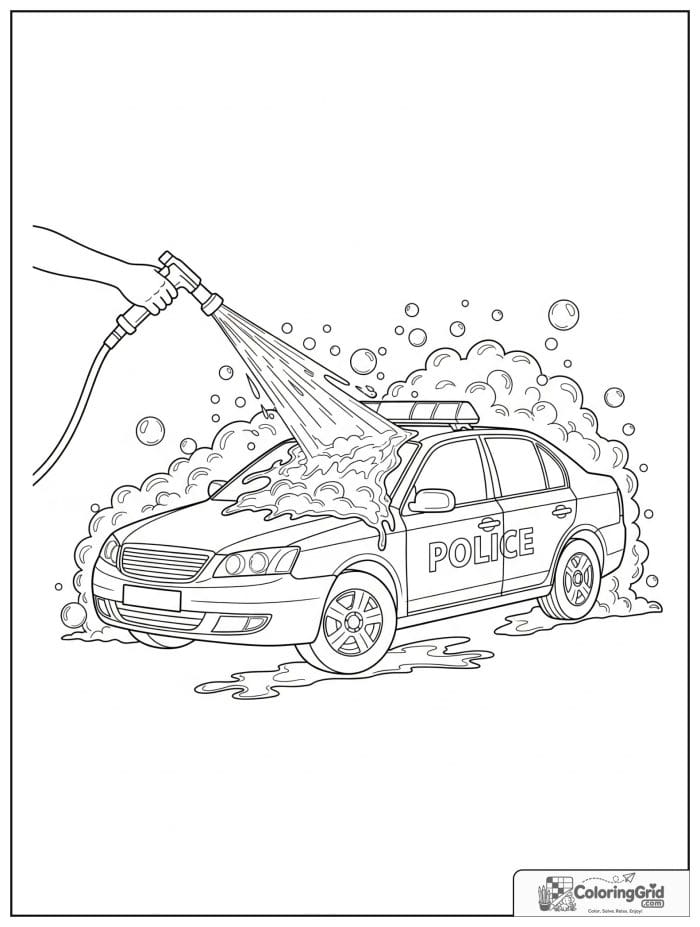Police car being washed black and white illustration