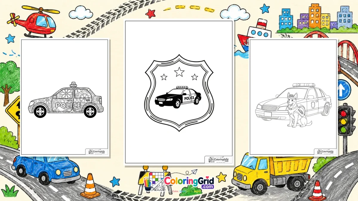 Police Car Coloring Pages featured illustration for Police Car Coloring Pages: Printable Police Car Pages