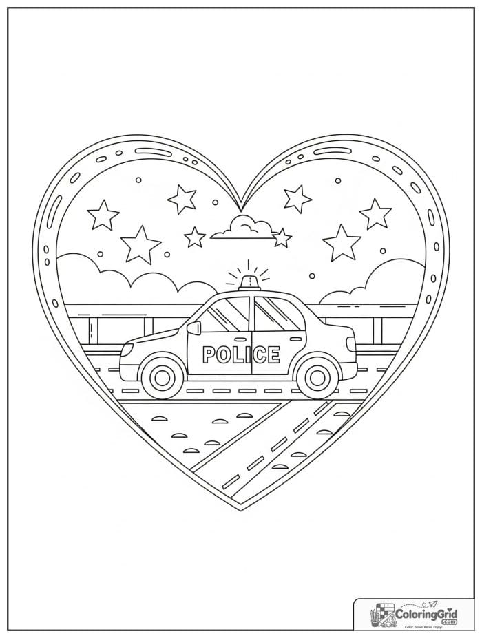 Police car inside heart frame black and white illustration