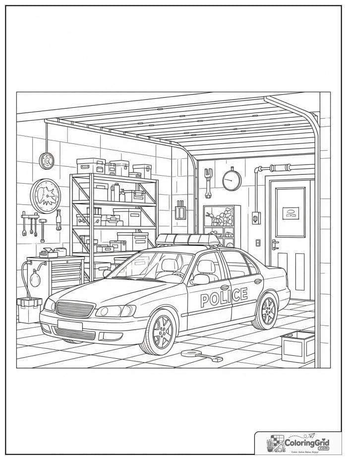 Police car in garage bay black and white artwork