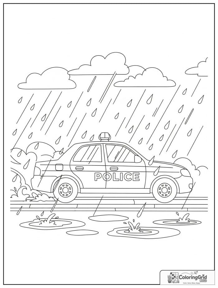 Police car in rain black and white line drawing