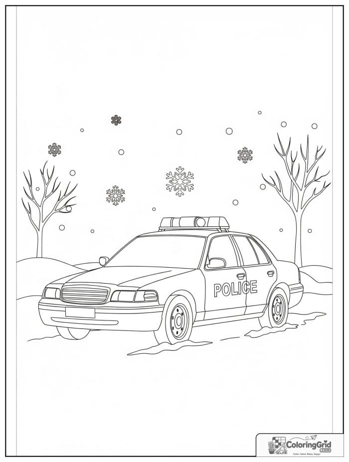 Police car in snowy scene black and white artwork