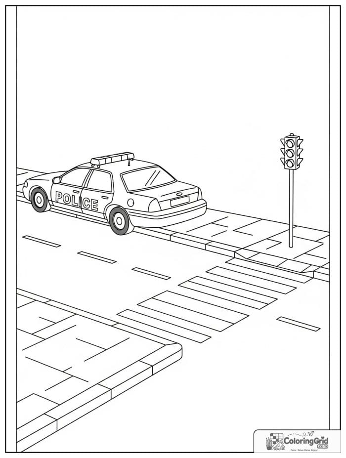 Police car near crosswalk in black and white