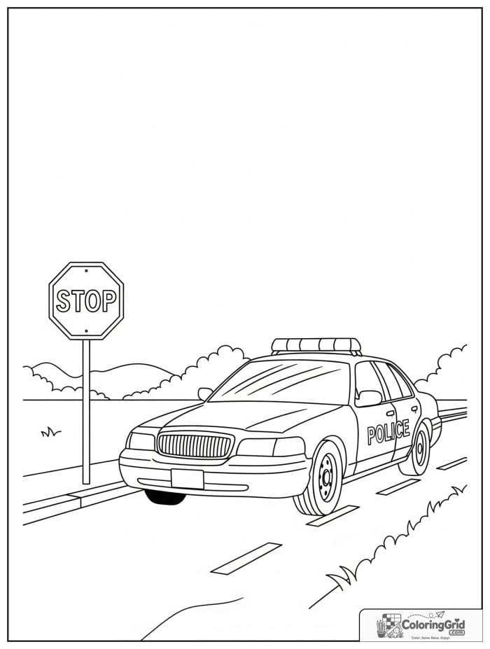Police car next to stop sign in black and white
