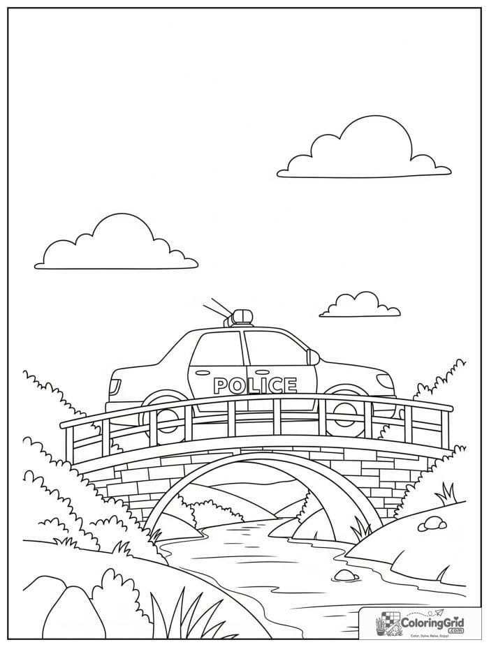 Police car on bridge black and white illustration