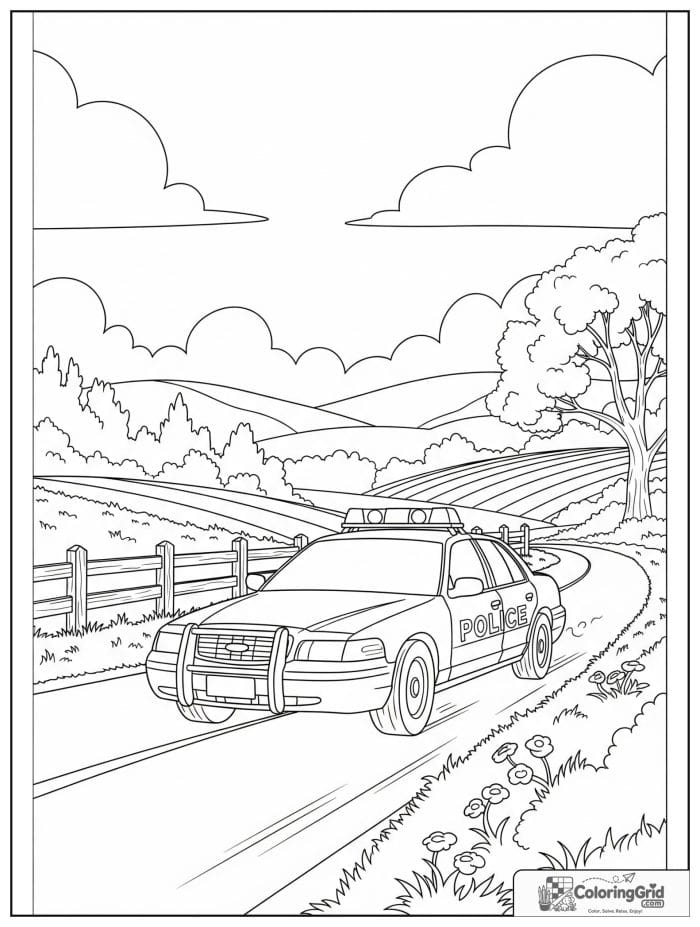 Police car on country road black and white