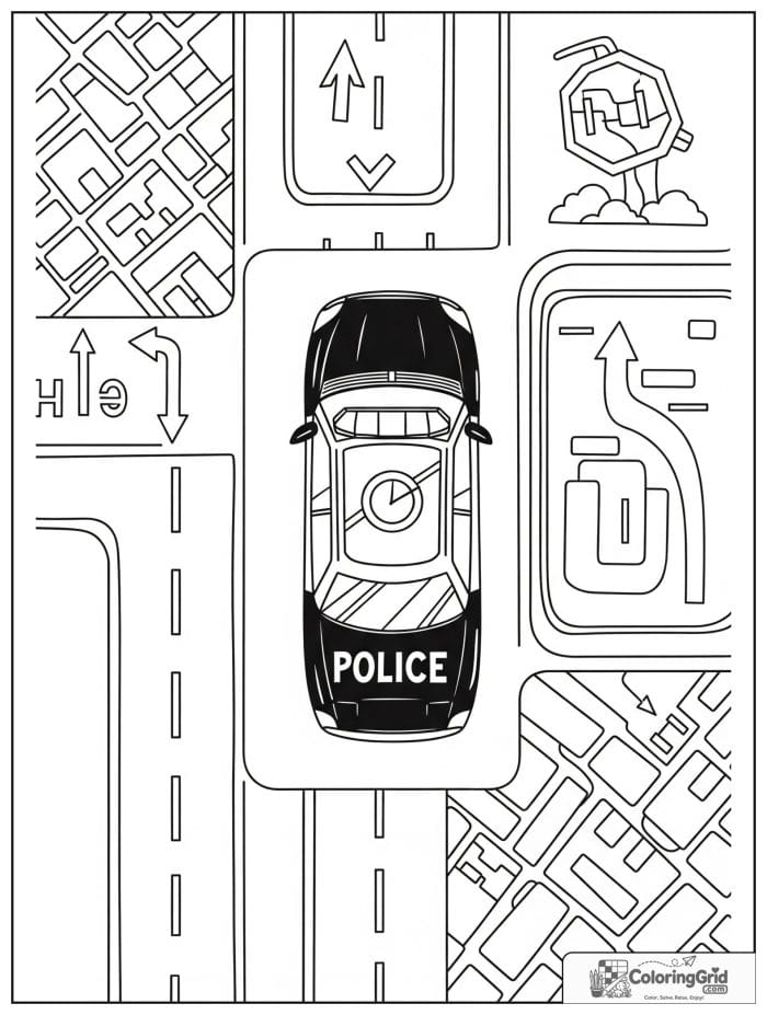 Top view police car map scene black and white