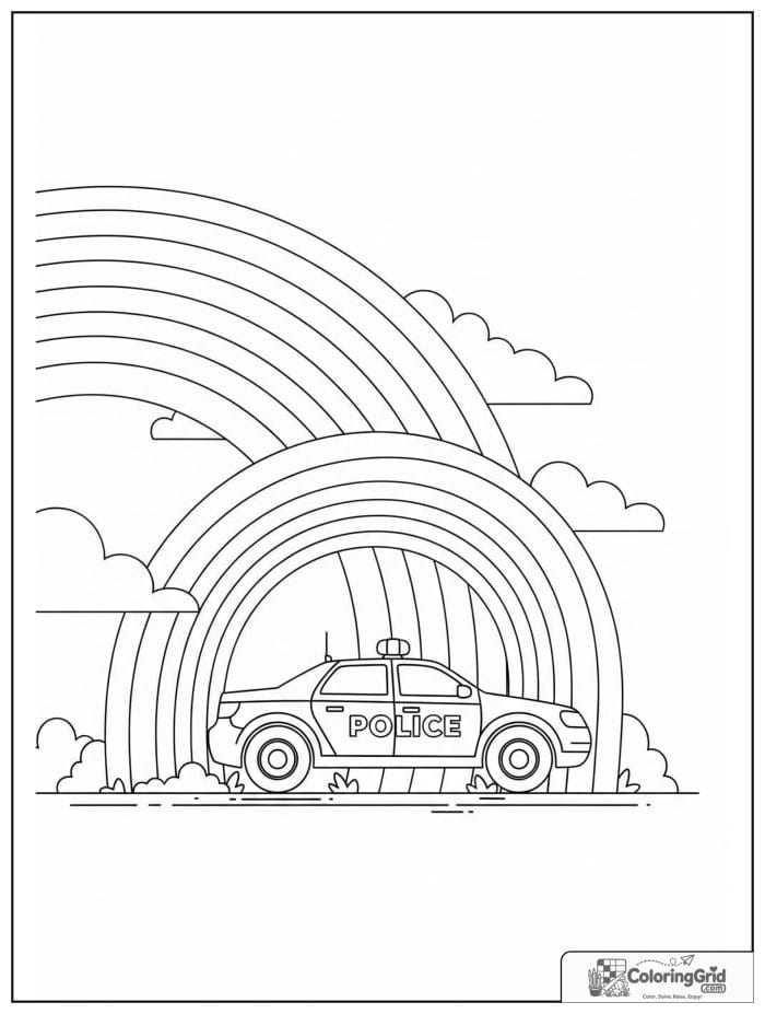 Police car under rainbow black and white line art