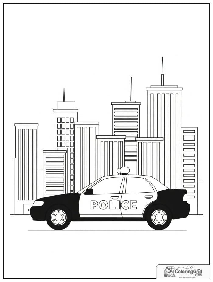 Police car with city skyline black and white line art