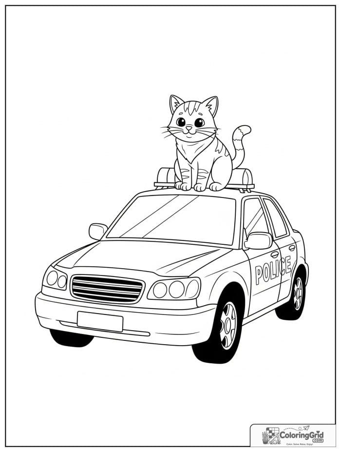 Police car with friendly cat black and white line drawing