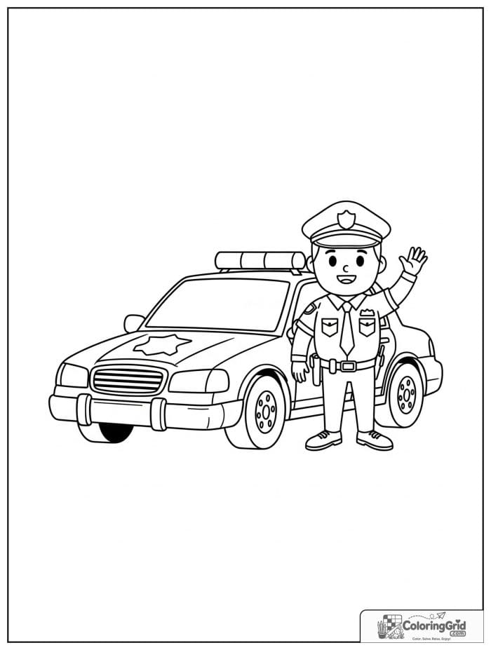 Police car with officer waving black and white illustration