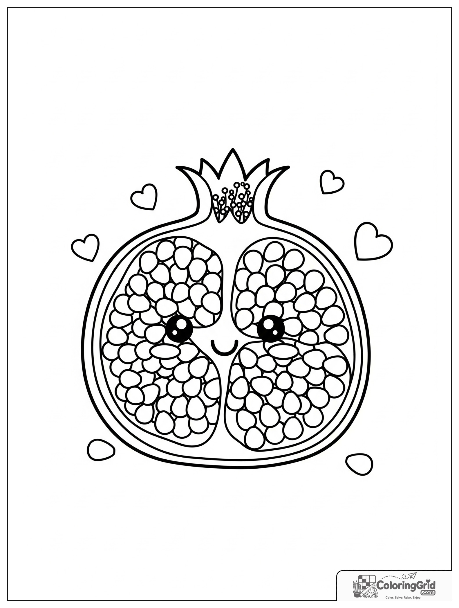 Cute pomegranate with seeds and small heart decorations.