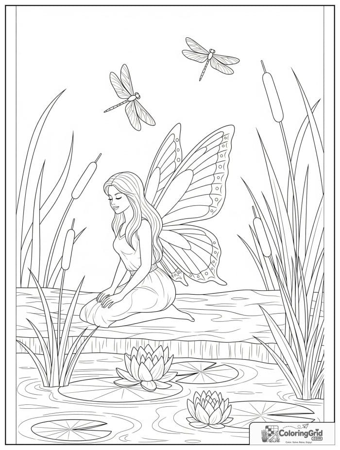Fairy coloring page featuring a butterfly-wing fairy beside a pond.