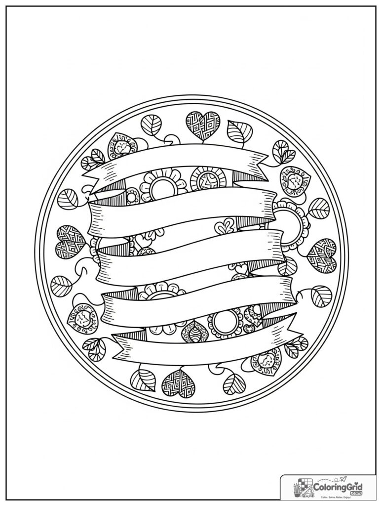 Positive affirmation ribbon mindfulness mandala with hearts and leaf doodles